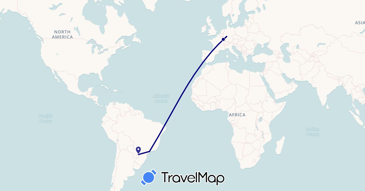 TravelMap itinerary: driving in Brazil, Germany, France (Europe, South America)